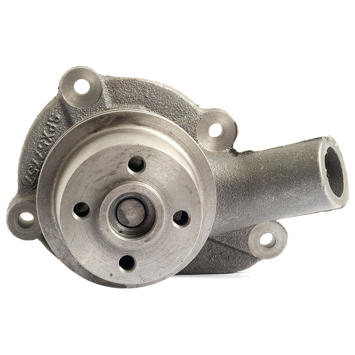 The Sparex Water Pump Assembly (Supplied with Pulley) | Sparex Part No. S.57757 is an automotive water pump featuring a metal housing, circular flange, and three mounting holes. Designed for efficient power transmission, it includes a V-Style Pulley as well as an inlet and outlet for coolant flow.