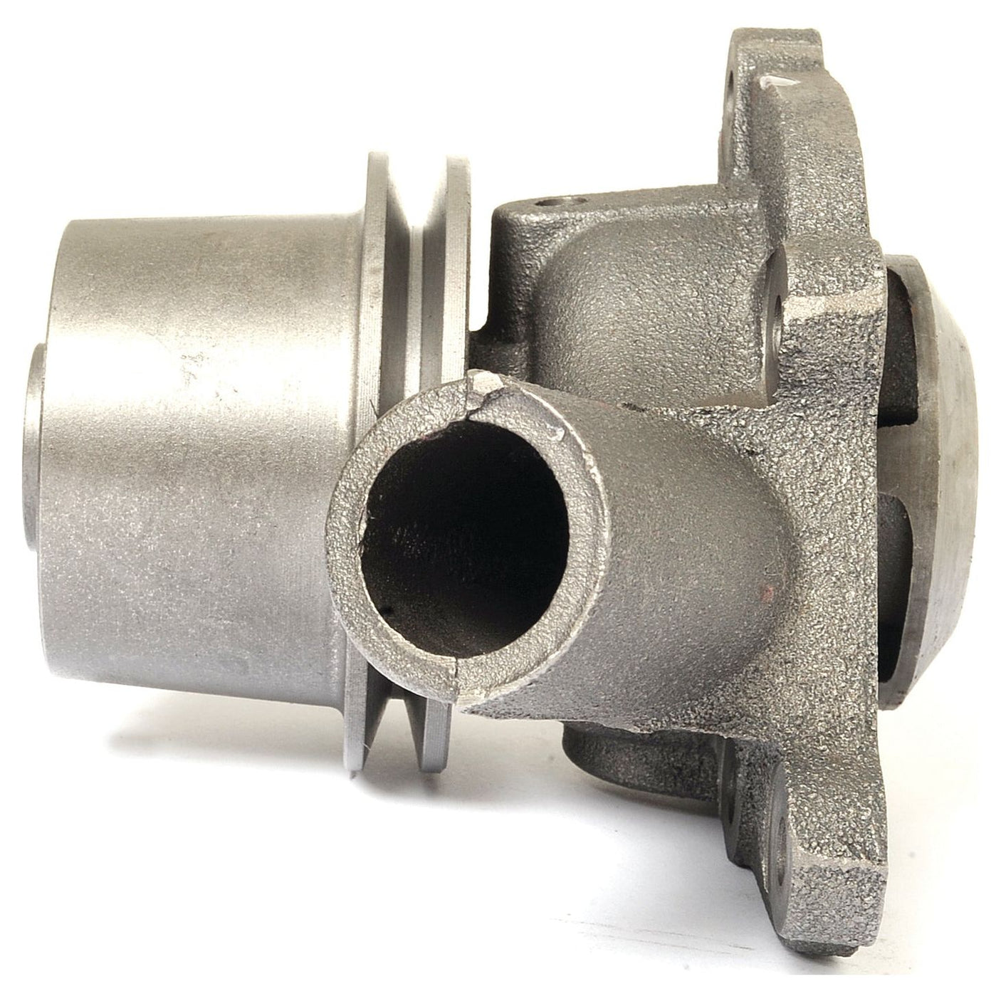 A Sparex Water Pump Assembly, supplied with a pulley (Sparex Part No. S.57757), is a machined metallic component featuring a smooth finish, with a cylindrical section on top and a square base with bolt holes reminiscent of those used in David Brown 1190 tractors.