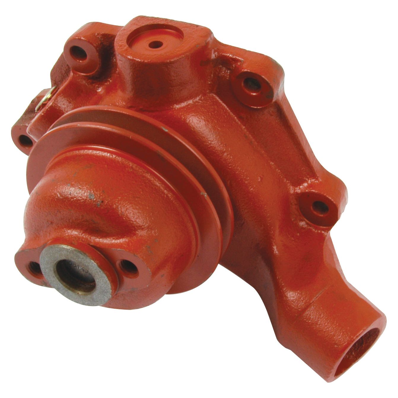 A rust-colored mechanical component with multiple bolt holes, cylindrical protrusions, and a pipe-like extension, reminiscent of a Sparex Water Pump Assembly (Supplied with Pulley) | Part No. S.57759.