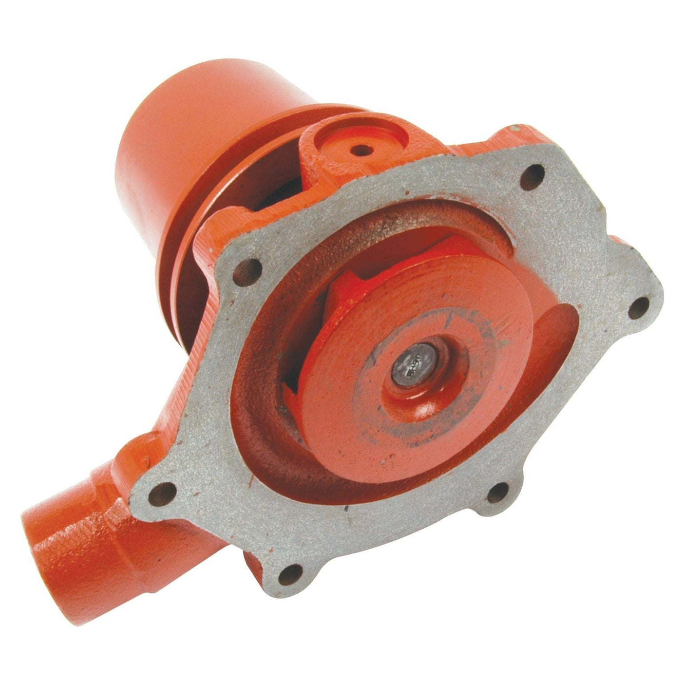 A red water pump assembly with a circular base and multiple bolt holes, possibly a part for Case IH or David Brown 1490 tractors, supplied by Sparex (Part No. S.57760) including a pulley.