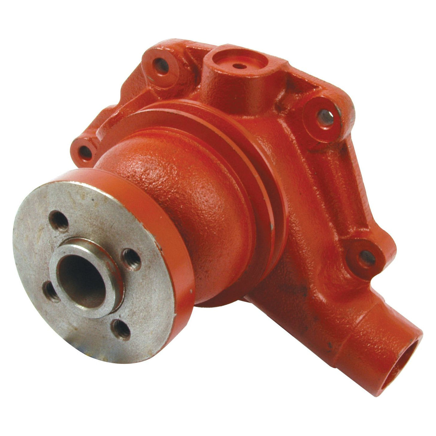 A Water Pump Assembly (Supplied with Pulley) - S.57761 by Sparex, featuring a red mechanical component with a metal flange and multiple bolt holes, likely part of an engine or machinery, and incorporating a V-Style Pulley.