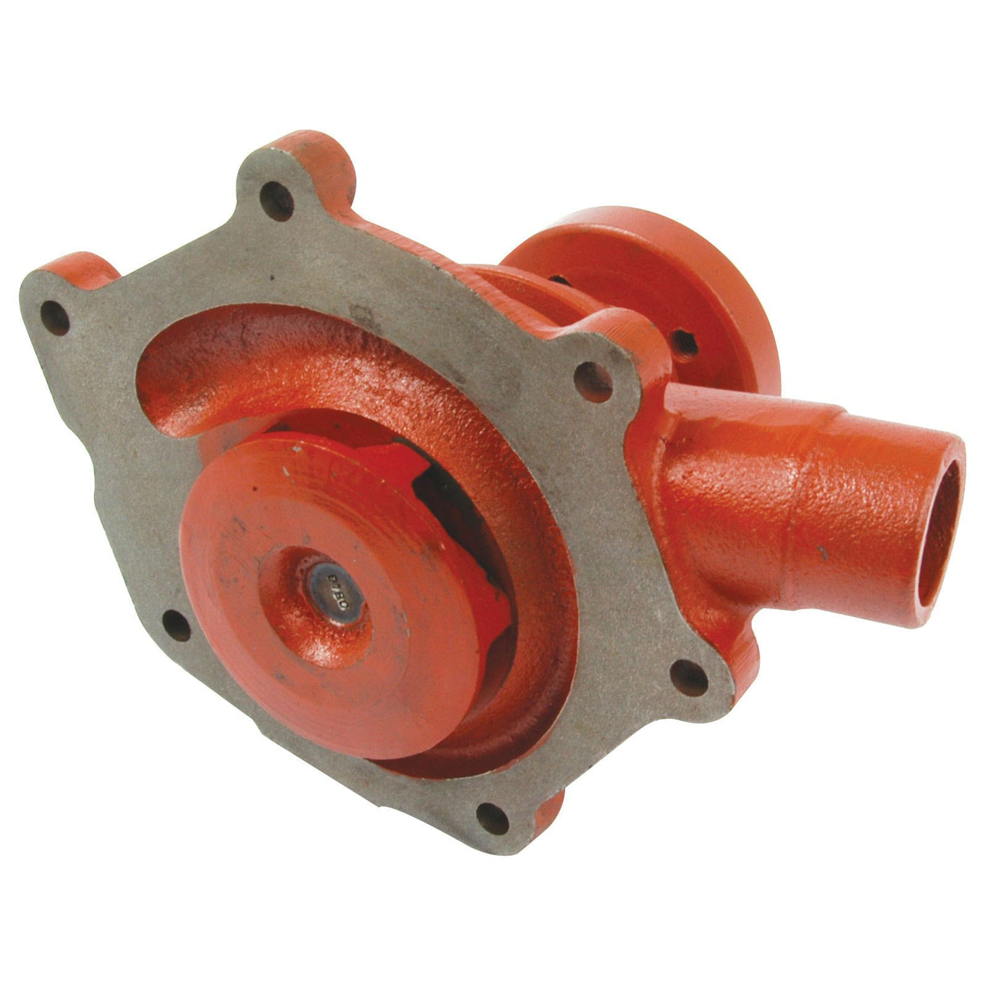 A red metal Water Pump Assembly (Supplied with Pulley) - S.57761 by Sparex, featuring multiple mounting holes and a cylindrical outlet.