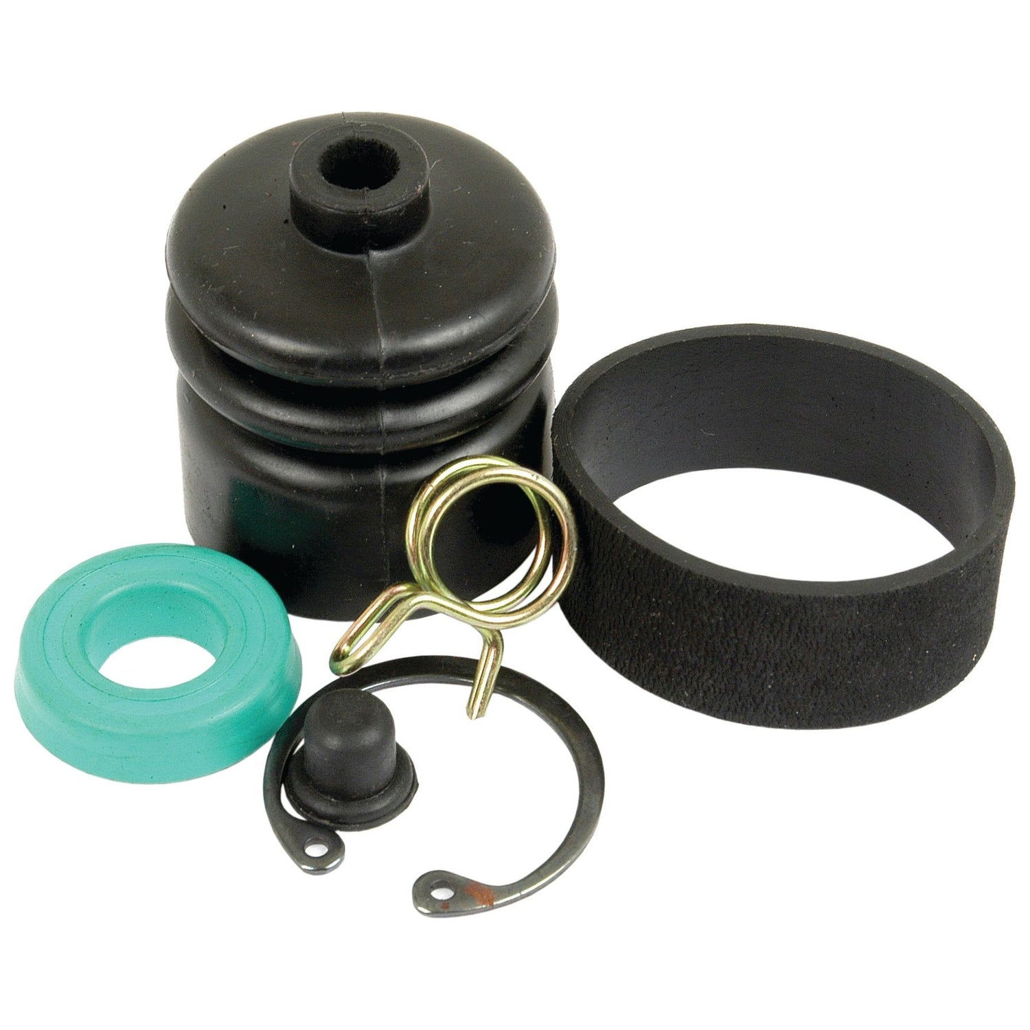 The Brake Slave Cylinder Repair Kit (Sparex Part No. S.57763) by Sparex includes a comprehensive assortment of automotive parts such as a black rubber boot, green seal, metal retaining clip, small black stopper, wire clip, and a black foam ring. This collection is ideal for enhancing your Case IH equipment's performance or for use in a brake seal kit or slave cylinder maintenance.