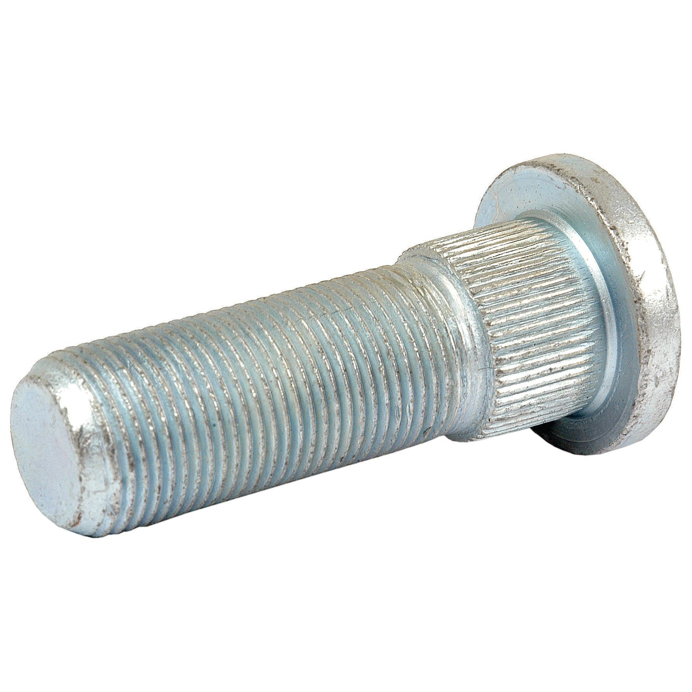 Close-up image of a Sparex Wheel Stud M20 x 1.5 x 62mm (Metric) Grip Ø: 22.5mm - S.57768, featuring a knurled, threaded body and a round head, made of galvanized steel with a metric thread.