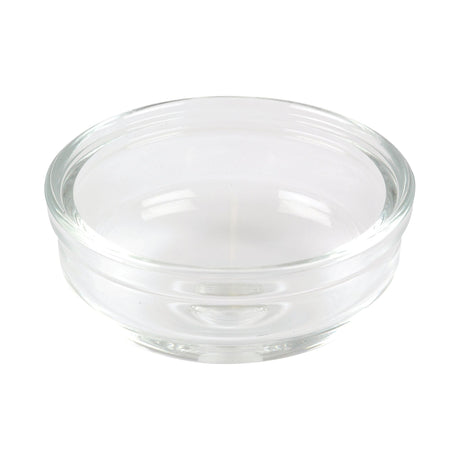 A clear, round glass bowl with a smooth surface and slightly raised rim, reminiscent of the Sparex Fuel Bowl (Sparex Part No. S.57789), photographed from an angled top view.