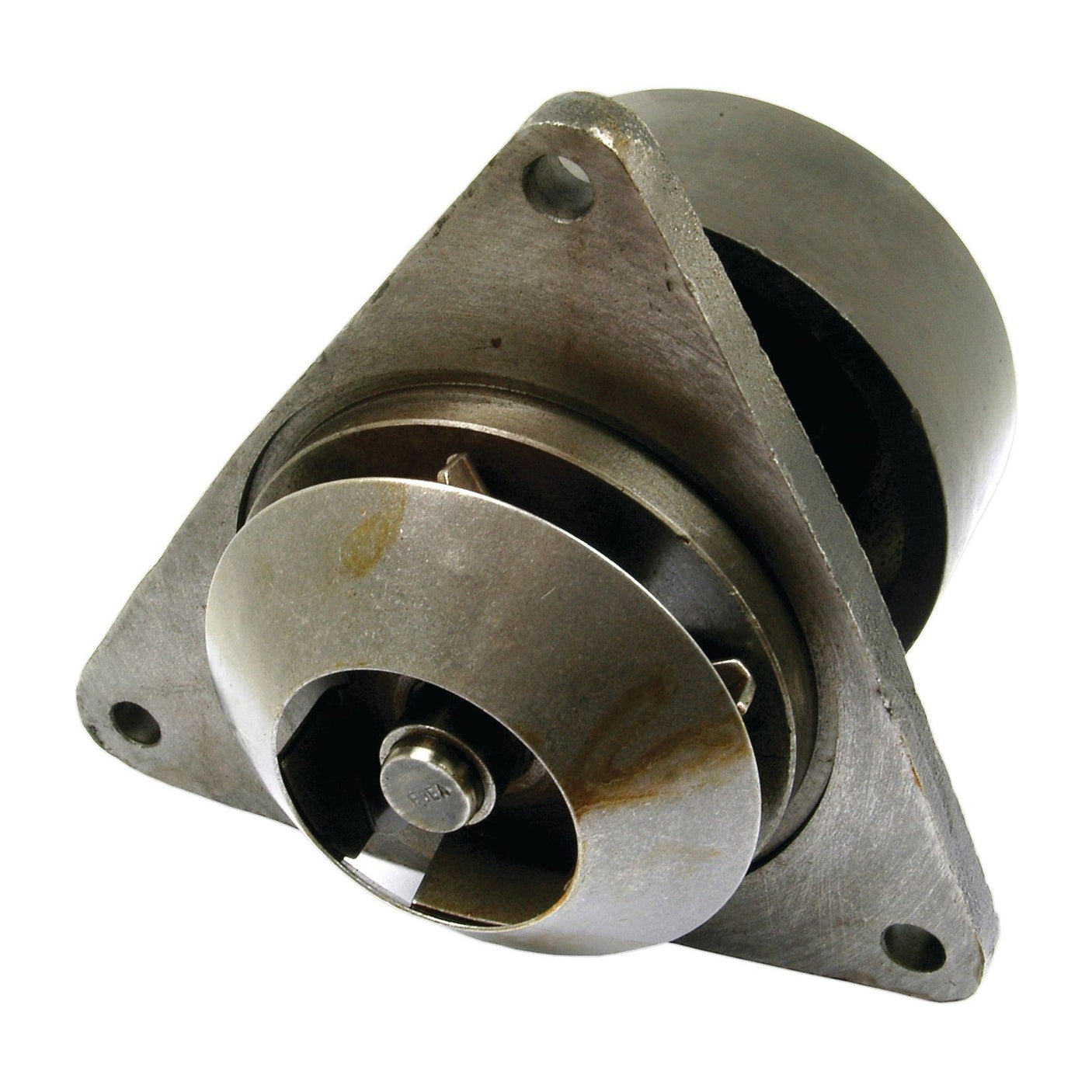 A metallic, cylindrical mechanical part featuring a triangular mounting plate and visible fan blades, similar to the Sparex Water Pump Assembly (Part No. S.57792).