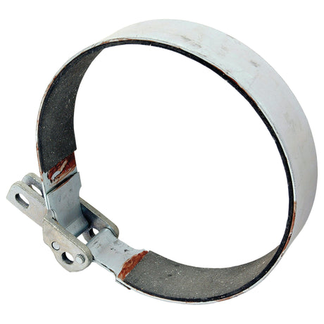 A circular metal clamp with a hinge and screw mechanism, resembling those used in Case IH or International Harvester machinery, primarily for securing or attaching cylindrical objects, is the Brake Band, OD 175mm. by Sparex (Sparex Part No. S.57794).