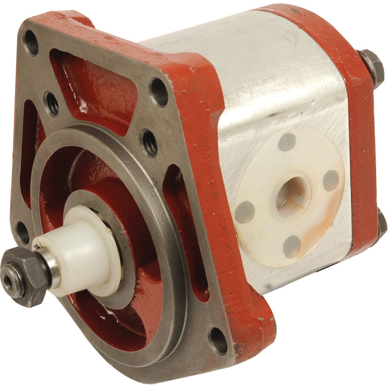 The Single Hydraulic Pump - S.57797 by Sparex features a red and silver casing, a cylindrical shaft extending from a circular housing on one side, four bolt holes on the flat mounting surface, and a front inlet hole for enhanced functionality.