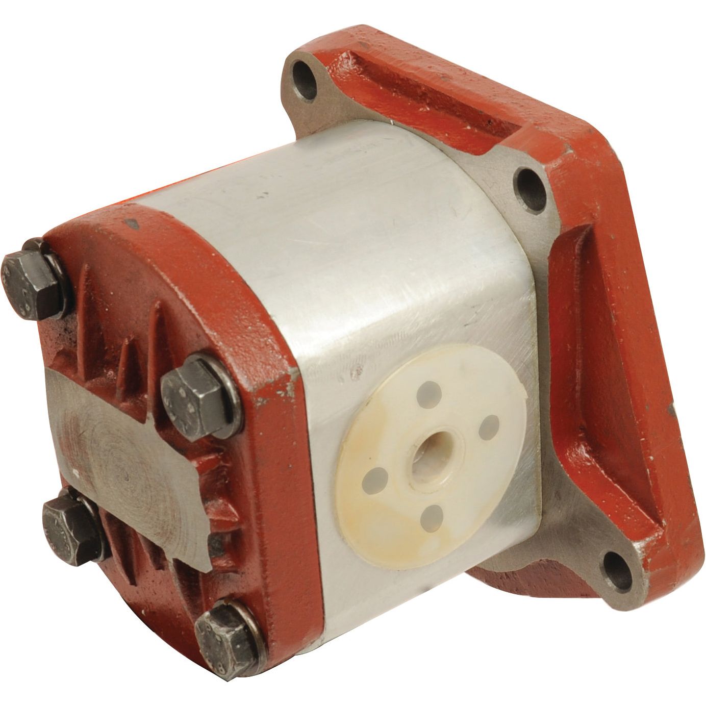 The Sparex Single Hydraulic Pump - S.57797 features a silver cylindrical central body, a front inlet hole, and has a mounting plate with holes on one side. The metal hydraulic pump comes with a red casing and four bolts.