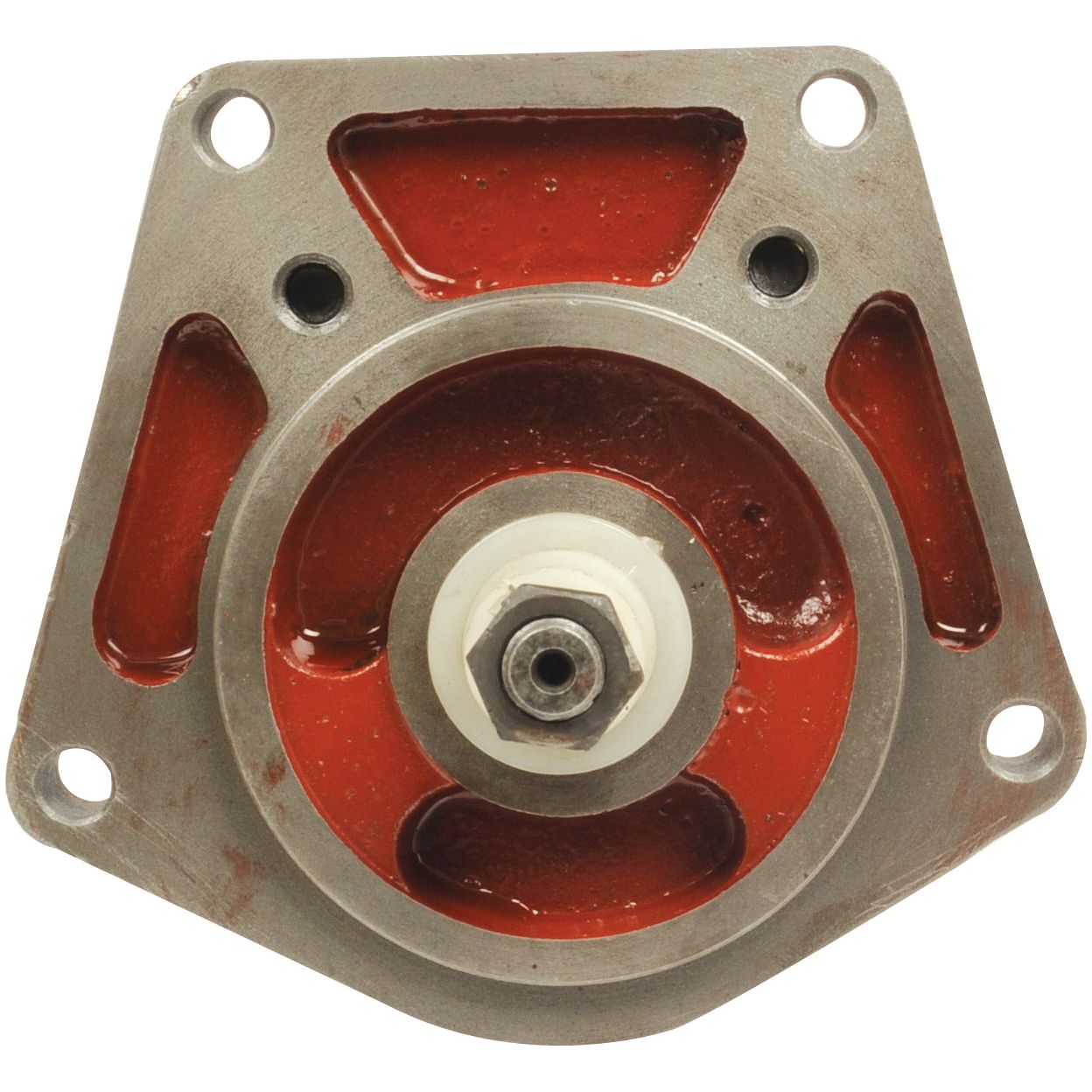 A Sparex Single Hydraulic Pump - S.57797 metallic mechanical component with four mounting holes and a central threaded bolt, featuring red inner design elements and a front inlet hole.