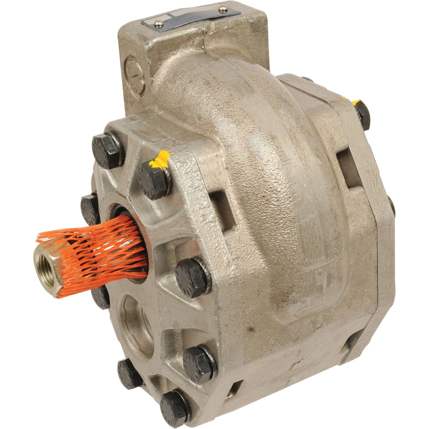 A Sparex Hydraulic Pump - S.57798 featuring multiple hexagonal bolts and an orange brush-like attachment ensures durability and efficiency at maximum pump speed.