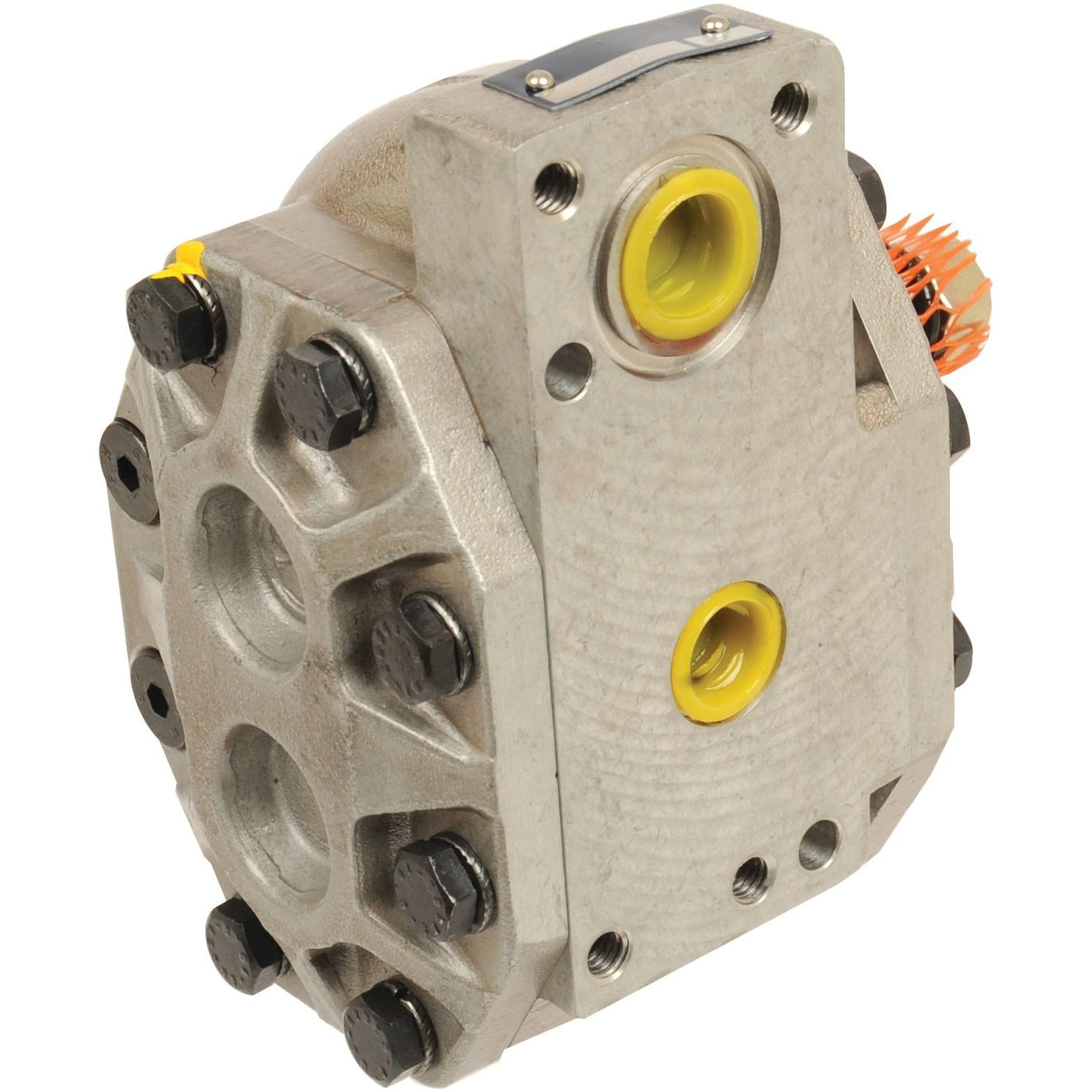 Close-up of a metallic Sparex hydraulic pump, model S.57798, featuring multiple bolt attachments, yellow inlet and outlet ports, and a visible gear mechanism. This unit ensures reliable performance even at maximum pump speed.