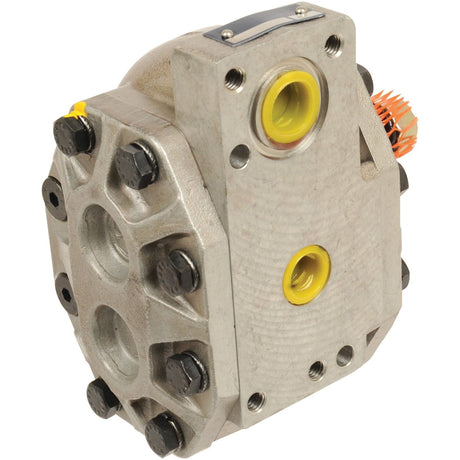 Close-up of a metallic Sparex hydraulic pump, model S.57798, featuring multiple bolt attachments, yellow inlet and outlet ports, and a visible gear mechanism. This unit ensures reliable performance even at maximum pump speed.