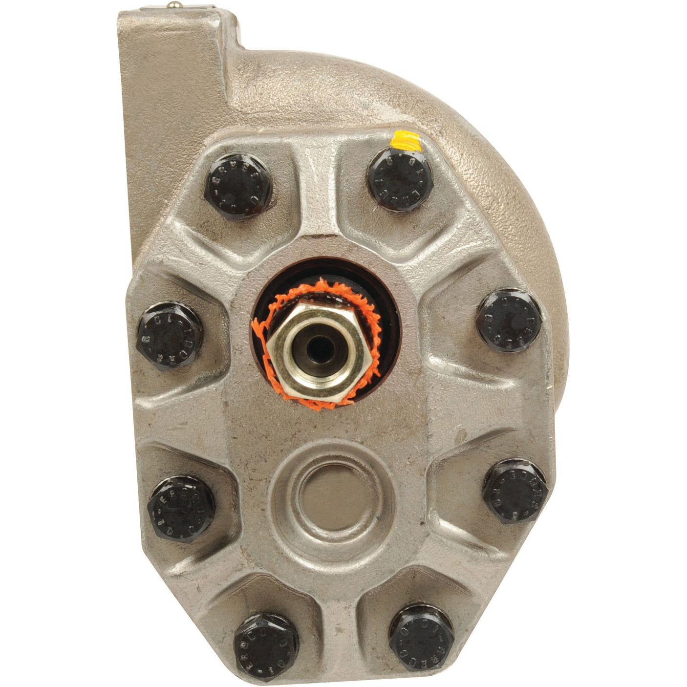 Close-up of the Hydraulic Pump - S.57798 with a circular center and six evenly spaced bolts around it, featuring metallic and black components. Ideal for Sparex machinery, ensuring maximum pump speed performance.
