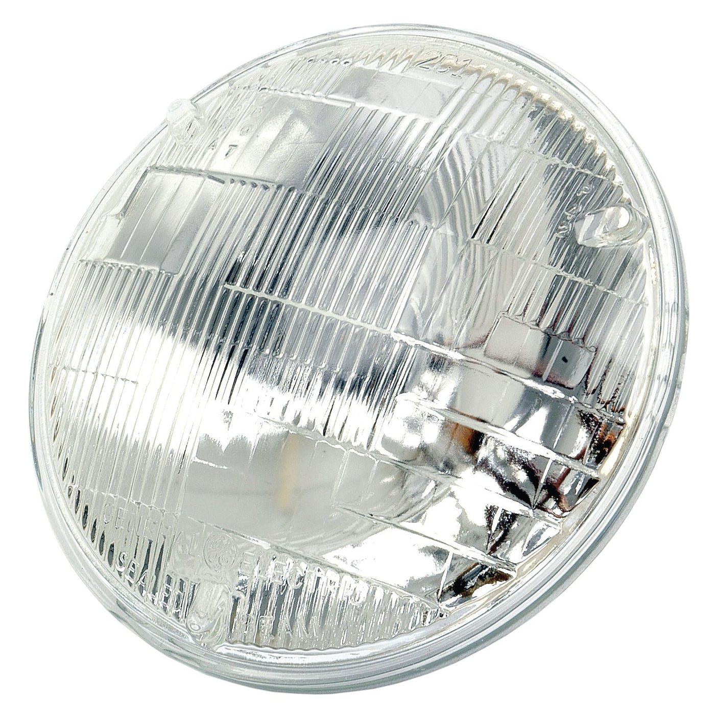 A round, clear automotive headlight featuring a ribbed lens design and a reflective inner surface, equipped with a high-performance Halogen Light. Introducing the Sparex Head Light (Halogen) RH & LH, 12V - S.57800.