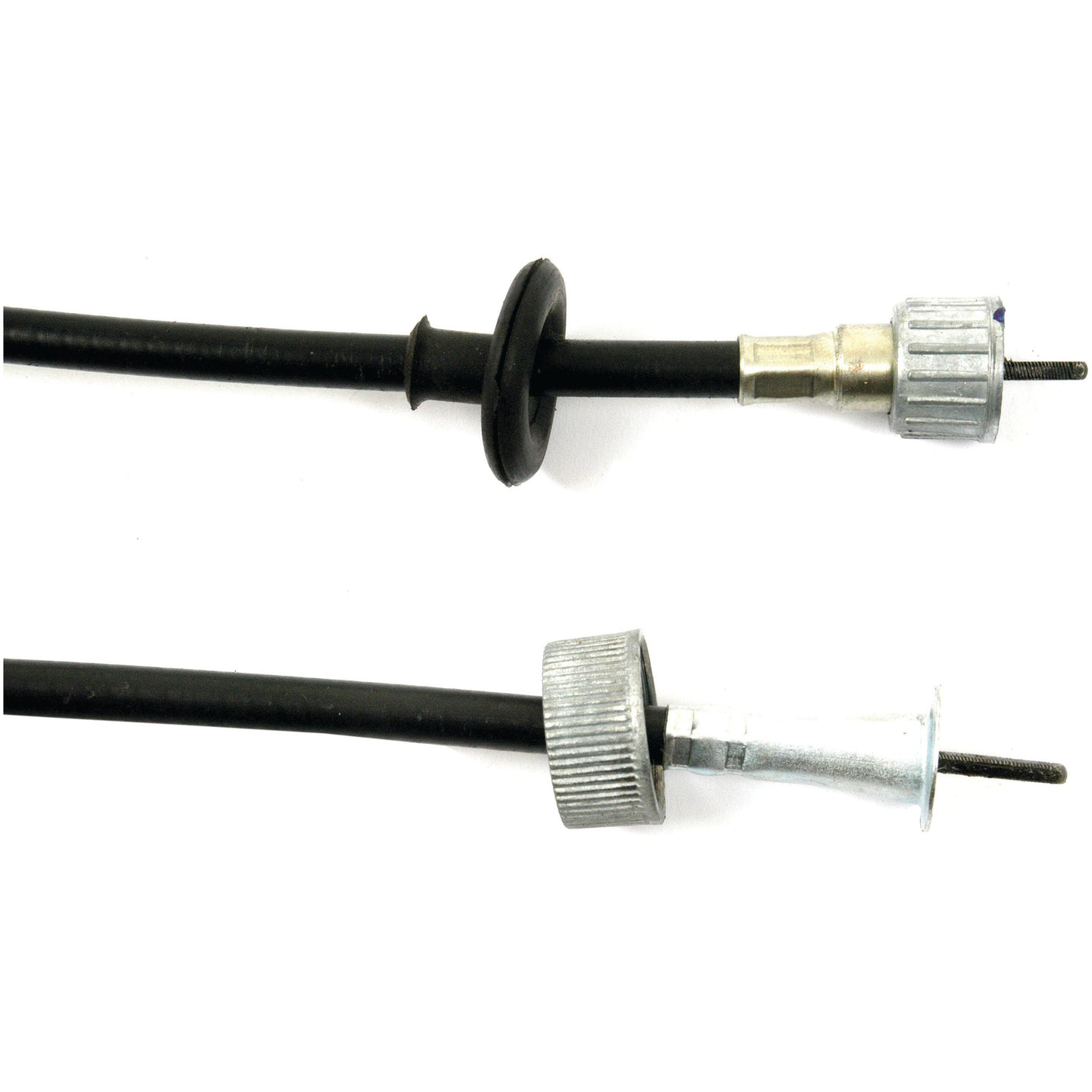 Two black Sparex Drive Cables (Sparex Part No. S.57808) with metal connectors at each end, are placed parallel to each other on a white background. One connector has a silver cap, while the other features a metal ring midway up its 1277mm length, making it an ideal replacement for your needs.