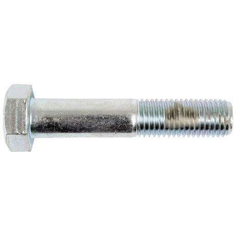 Close-up of a Sparex Metric Bolt M20x100mm (DIN 931) with zinc plating, featuring threading on one end and a hexagonal head on the other, showcasing its tensile strength of 8.8, displayed against a white background.