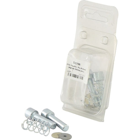 The Sparex PTO Yoke Pin (Pin Ø: 8mm) Agripak set, part number S.5786, is displayed in clear plastic packaging. The package contains two pins, two springs, and a flat washer shown outside the package. This Agripak set ensures you have all essential components at hand for your tractor maintenance needs.