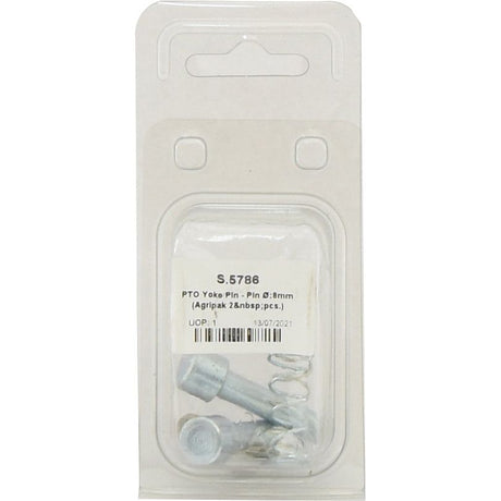 Package containing Sparex PTO Yoke Pin components labeled "PTO Yoke Pin - Pin Ø: 8mm (Agripak 2 pcs.) | Sparex Part No. S.5786" against a white background.