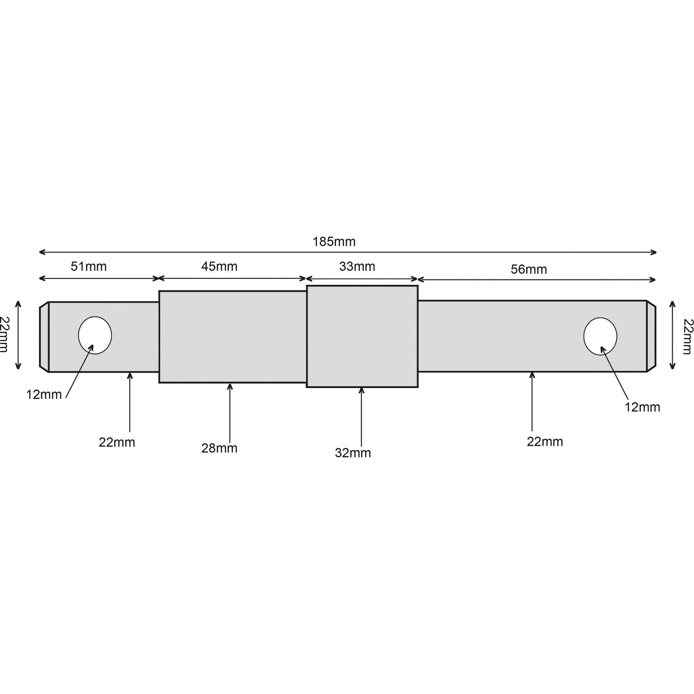 A technical drawing of the Sparex Lower Link Implement Pin Dual (22-28-32x185mm, Thread size Cat. 1/2 | Sparex Part No. S.5795) metal bracket with dimensions labeled in millimeters, featuring three segments and four holes, along with measurements for length, width, and hole placement. It is suitable for dual-category applications or pin-type fixtures.