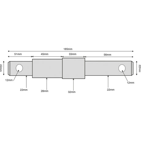 A technical drawing of the Sparex Lower Link Implement Pin Dual (22-28-32x185mm, Thread size Cat. 1/2 | Sparex Part No. S.5795) metal bracket with dimensions labeled in millimeters, featuring three segments and four holes, along with measurements for length, width, and hole placement. It is suitable for dual-category applications or pin-type fixtures.