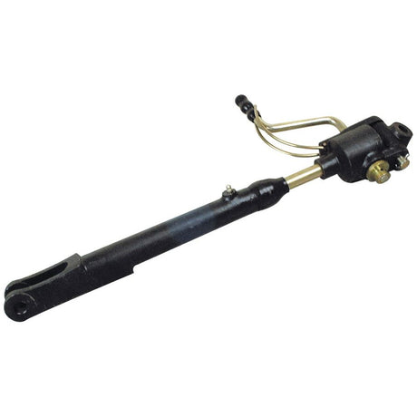 A hydraulic steering cylinder from Sparex, known as the Levelling Box Assembly (Sparex Part No. S.579), features black and gold components including a rod, piston, and connecting hoses. The product specifications include a knuckle bore diameter of 16.5mm and fork hole dimensions of Ø 16mm to ensure precise compatibility.