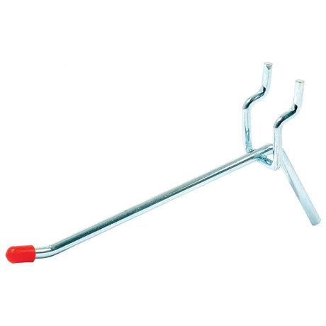 A Sparex single arm hook to fit peg or slat panel, measuring 150mm in length, featuring a red rubber cap on the tip and two prongs for attachment (Sparex Part No. S.5805).