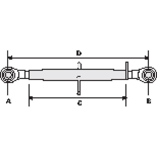 Diagram of a mechanical component with labeled sections A, B, C, and D, indicating the relevant dimensions for a Sparex Top Link (Cat.1/1) Ball and Ball, 1 1/16'', with a minimum length of 590mm. - S.584.