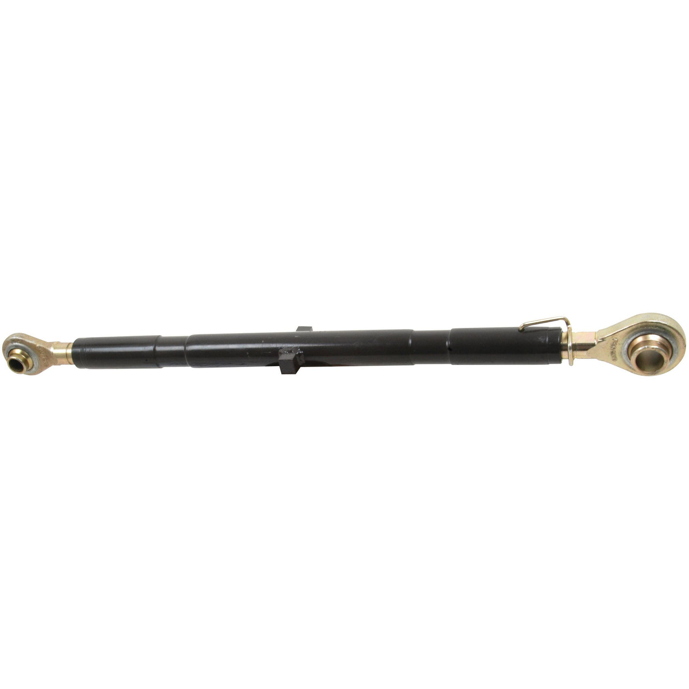 A Sparex Top Link (Cat.1/1) Ball and Ball, 1 1/16'', Min. Length: 590mm - S.584, featuring a black machined cylinder with gold-colored spherical joints at both ends, resembling a Tractor End or mechanical component typically used in Category 1 Implement systems.