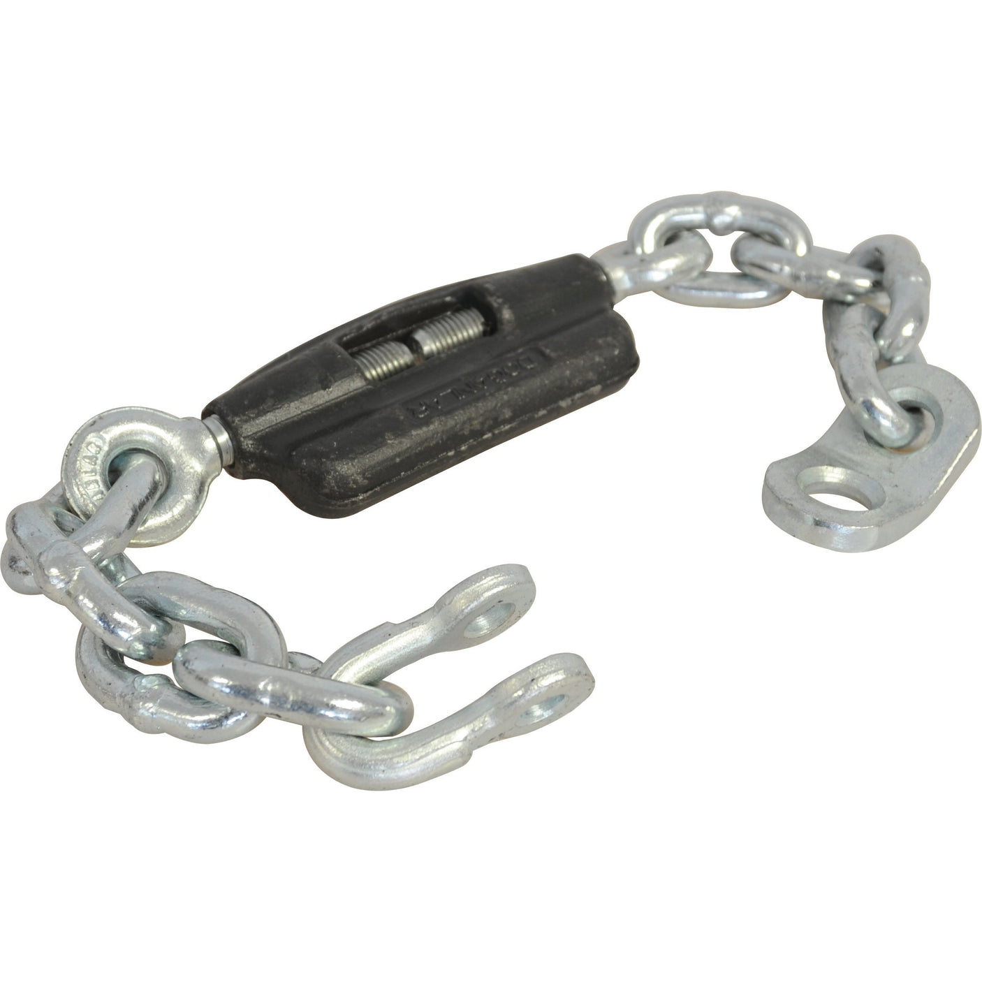 The Sparex Stabiliser Chain (Part No. S.58560) features a metal chain with a black turnbuckle positioned in the center and metal hooks on both ends, designed for tightening or adjusting the tension of the chain. Detailed product specifications ensure compatibility with Fiat models and other Sparex components.