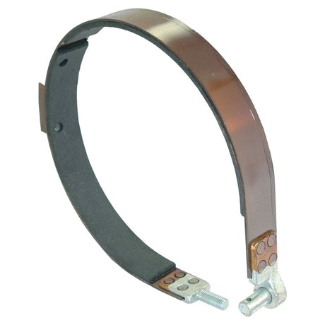 The Sparex Brake Band, OD 210mm. - S.58611, features a durable metal exterior, a bolt at one end, and a lined interior designed for precise gripping with a lining width of 30mm. This reliable automotive part can be found under Tariff Code 8708309990.