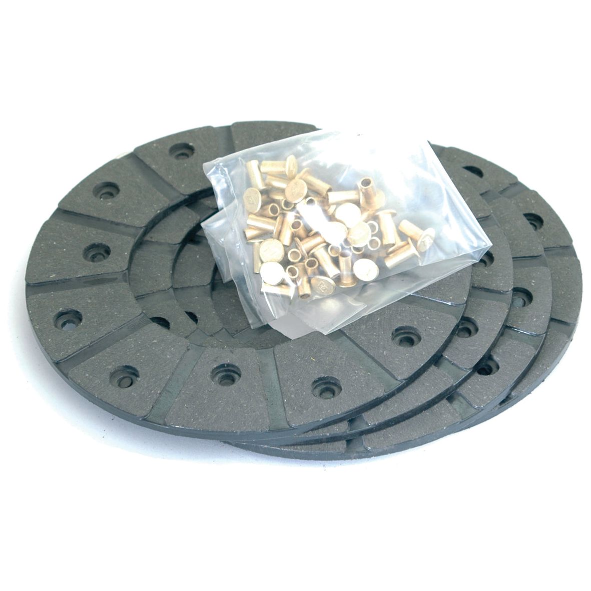 Several black circular brake pads with organic lining, plus a small plastic bag containing brass cylinder pins, in the Brake Lining Kit Disc (OD 165mm) by Sparex, part number S.58621.