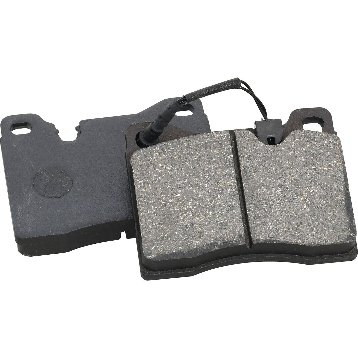 Two Sparex S.58650 brake pads, one laying flat and the other slightly tilted, connected by a wire sensor. The pads have a textured gray surface and a black backing, designed to fit models from Sparex and Deutz-Fahr.