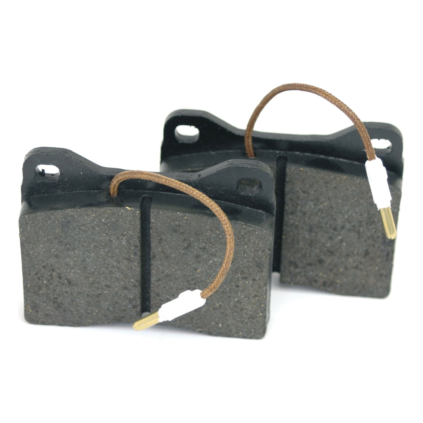 Two Brake Pads from Sparex, each featuring a grey pad with a black base and an attached brown wire. These pads are positioned upright and slightly angled, making them suitable for various tractor models including Sparex Part No. S.58650, Fendt, and Deutz-Fahr.