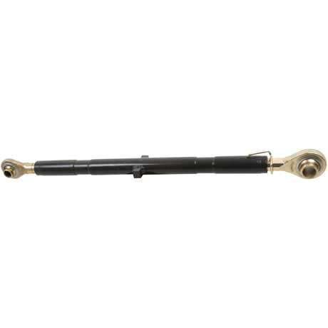 Image of a Sparex Top Link (Cat.1/1) Ball and Ball, S.586, featuring a black hydraulic cylinder and gold-colored eyelet fittings on both ends, designed for industrial or mechanical applications, perfect for tractor implements.