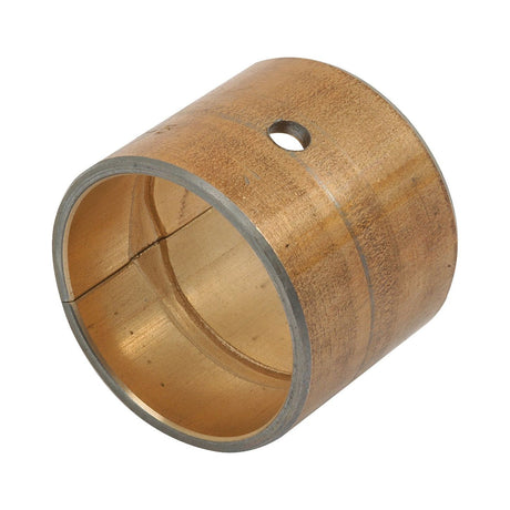 The Small End Bush from Sparex (Sparex Part No.S.58702) is a cylindrical brass bushing with a hollow center, a single side slit, and a small hole near the top edge, making it ideal for use in Nuffield tractor parts.