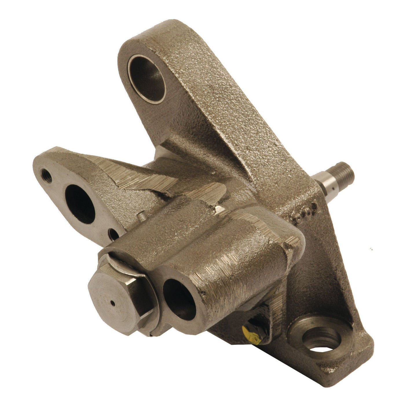 The Sparex Engine Oil Pump (Part No.S.58705) is a metal automotive component with multiple holes and mounting points, featuring a hexagonal bolt on one side and a protruding cylindrical pin on the other, commonly found in Nuffield or Leyland vehicles' engine oil systems.