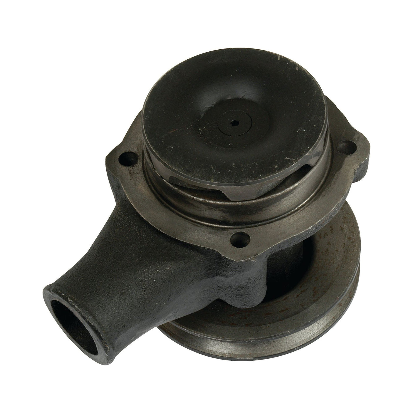 The Sparex Water Pump Assembly (Supplied with Pulley), part number S.58710, is a metal car water pump featuring a circular flange and a protruding inlet, complemented by a single groove V-style pulley, shown against a white background.