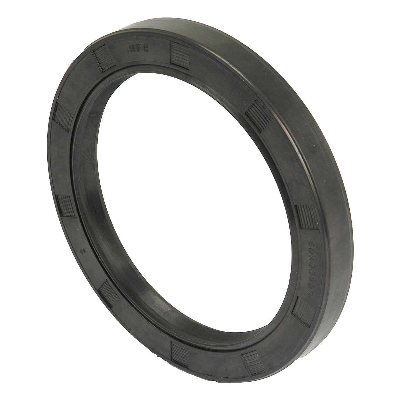 A black rubber Sparex Imperial Rotary Shaft Seal (Sparex Part No.S.58713) with ridges around the outer edge, measuring 3 3/8'' x 4 3/8'' x 1/2'', designed with a double lip to prevent fluid leakage in mechanical systems.