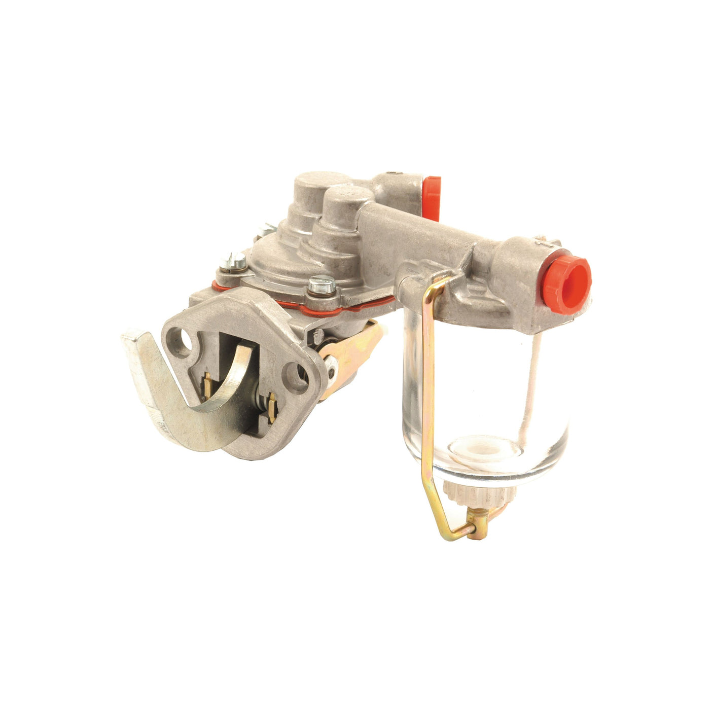 The Sparex Fuel Lift Pump (Part No. S.58728) is a metal mechanical pump equipped with a glass fuel filter bowl, several connectors, and fittings, making it ideal for use in Leyland 154 tractors.