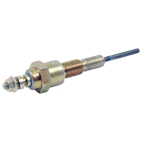 Detailed view of the Sparex Glow Plug - S.58735, a metal automotive component featuring a threaded body, hexagonal base, and long tip. Designed for diesel engines to heat the combustion chamber efficiently, it boasts an optimal probe length.