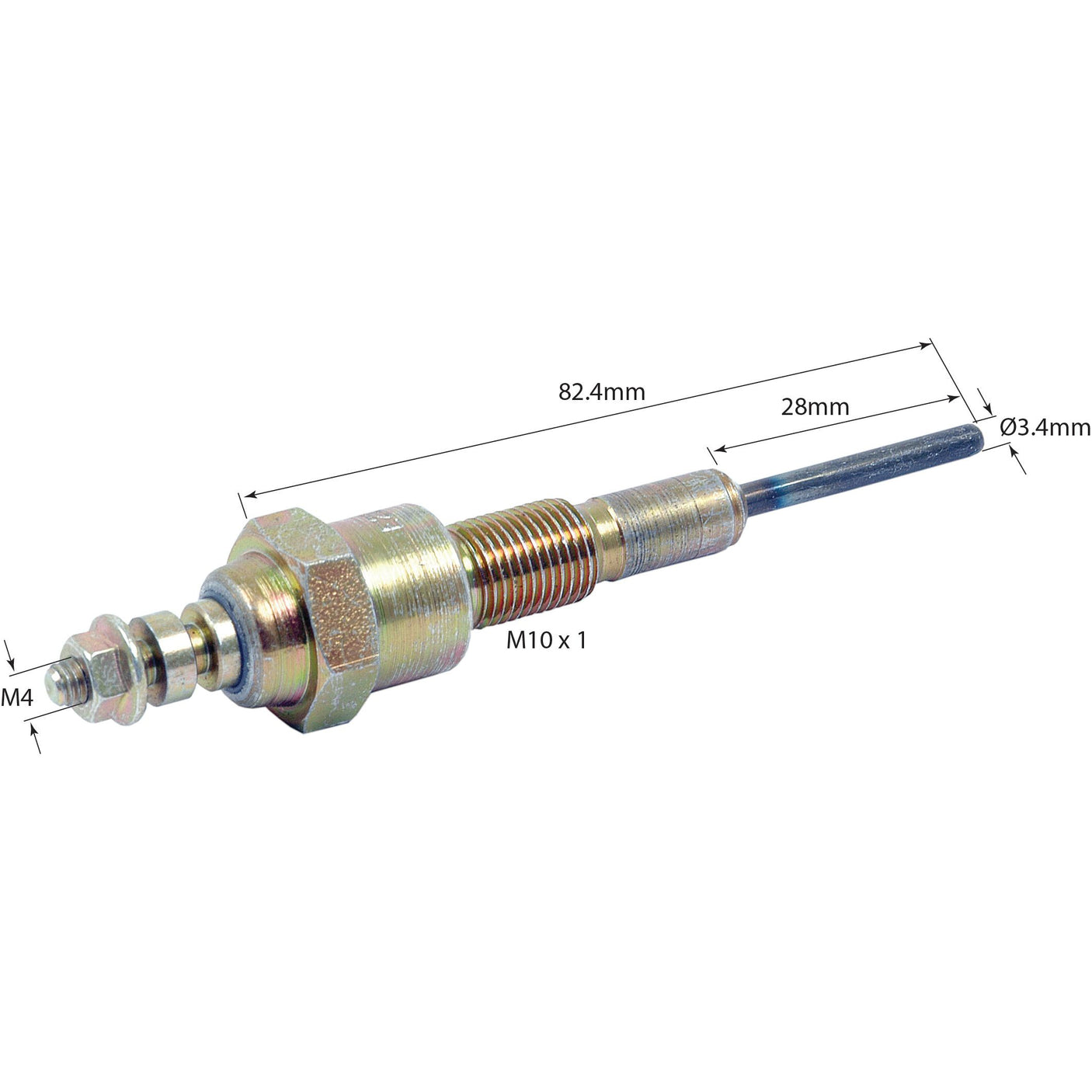 Glow Plug - S.58735 by Sparex is a metal mechanical component featuring threaded sections and a cylindrical rod, with measurements of 82.4mm in full length, 28mm probe length, M4 thread size (4mm), M10 x 1 thread size (10mm), and a rod diameter of 3.4mm.