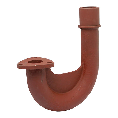 A rust-colored cast iron P-trap pipe fitting with a flange on one end and an open end on the other, used in plumbing to prevent sewer gases from entering a building, similar in design to Sparex's Exhaust Elbow (Sparex Part No. S.58736) for enhanced durability and performance.