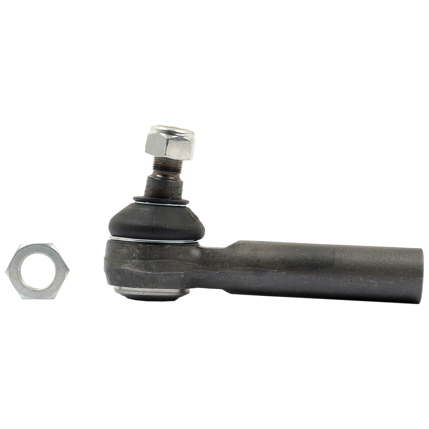 Image of a black automotive Track Rod, length 175mm - S.58739, with an attached nut and a separate Sparex M20 x 1.5 hex nut placed beside it.