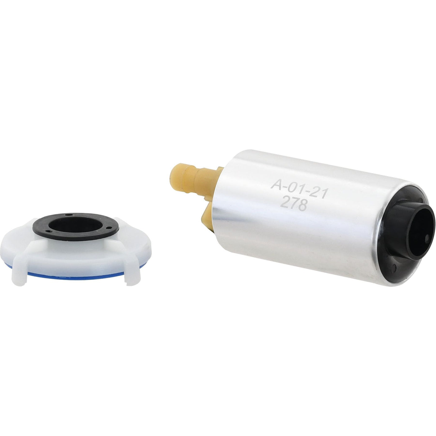 A Fuel Lift Pump, specifically the Sparex Part No. S.58748, featuring a metal inline fuel filter with an attached hose barb fitting and a plastic ring-shaped seal with a blue groove, compatible with John Deere Fuel Lift Pump, all placed on a white background.