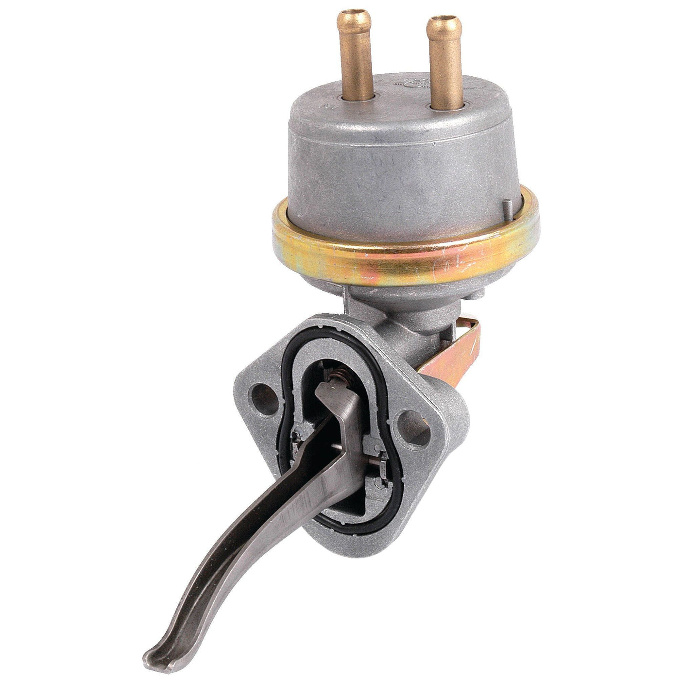 The Sparex Fuel Lift Pump | Part No. S.58761 features a metallic lever and cylindrical top, equipped with two bronze connectors and a mounting plate that includes two screw holes, similar to the design found in John Deere fuel lift pumps.