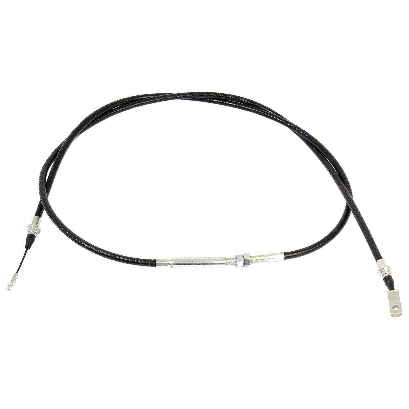 A black hand throttle cable, featuring silver metal fittings at both ends and coiled in a circular shape against a white background, compatible with Ford/New Holland TS100, TS110, and TS115 models. Product Name: Hand Throttle Cable - Length: 1770mm, Outer Cable Length: 1627mm (Sparex Part No. S.58768) by Sparex.