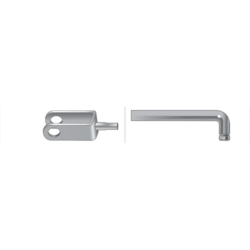 Side view of a clevis rod end and an L-shaped hex key, resembling those found in the Sparex Throttle Cable assembly (Part No.S.58771), separated by a vertical line.