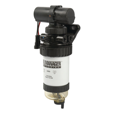 The "Fuel Manager Series 5 Micron Final Filter" with a plastic container at the bottom is designed to seamlessly integrate with the Sparex Electric Fuel Pump, specifically Sparex Part No. S.58780.