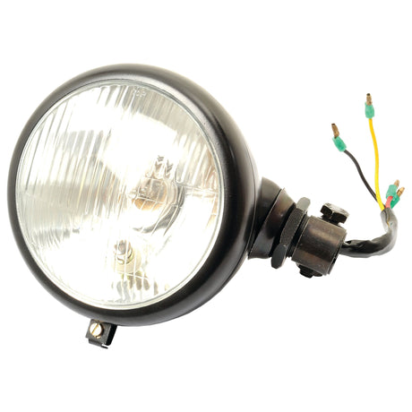 The Sparex Head Light, S.58793, is a 12V halogen right-hand and left-hand dip motorcycle headlight with attached wiring, boasting a sleek black metal housing and a transparent lens.